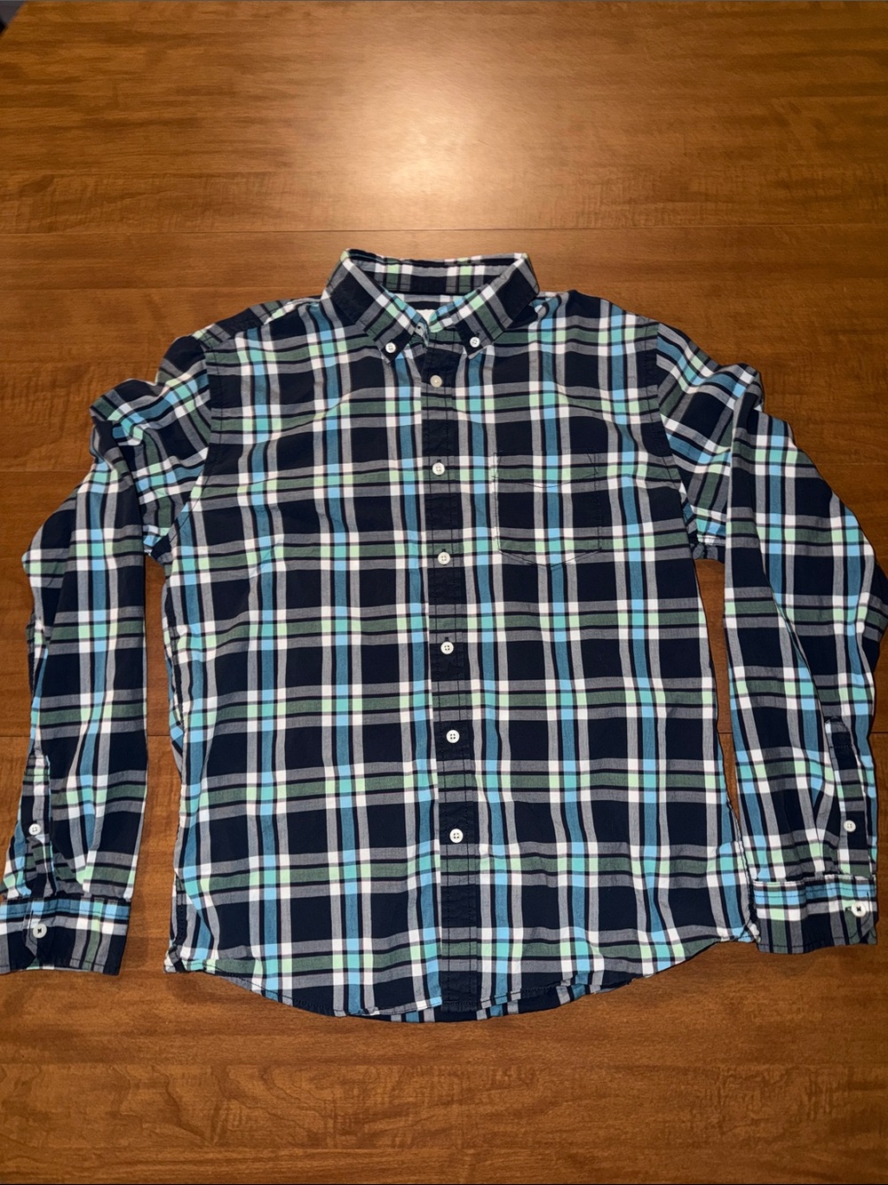Aeropostale Navy Plaid Button-Down Shirt with Teal and White Stripes